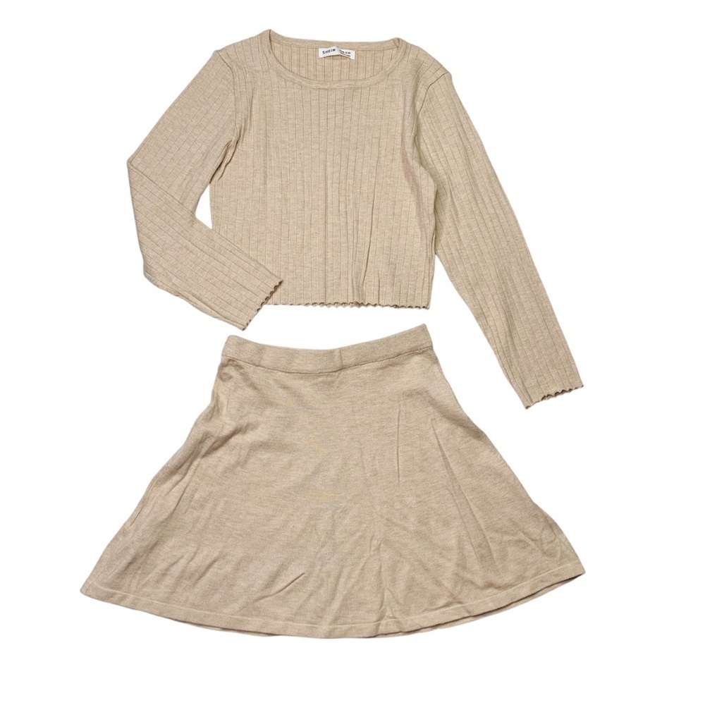 Shein  girls 10 Y Beige Matching Set ribbed knit top‎ and skater skirt